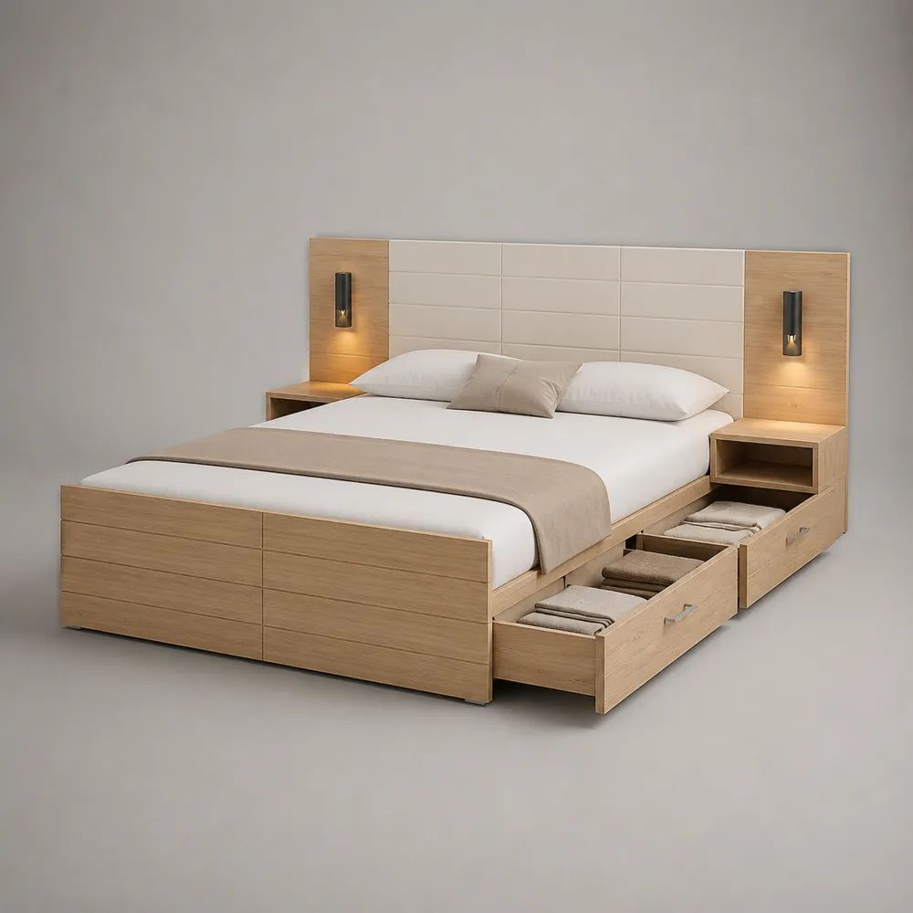 Stauraumbett aus Spanplatte 180 × 200 cm, Gesamtmaß 218 × 286 × 125 cm, mit 4 Schubladen, Ablagen, LED-Leuchten und gepolstertem Kopfteil, Eiche natur/Beige/Schwarz