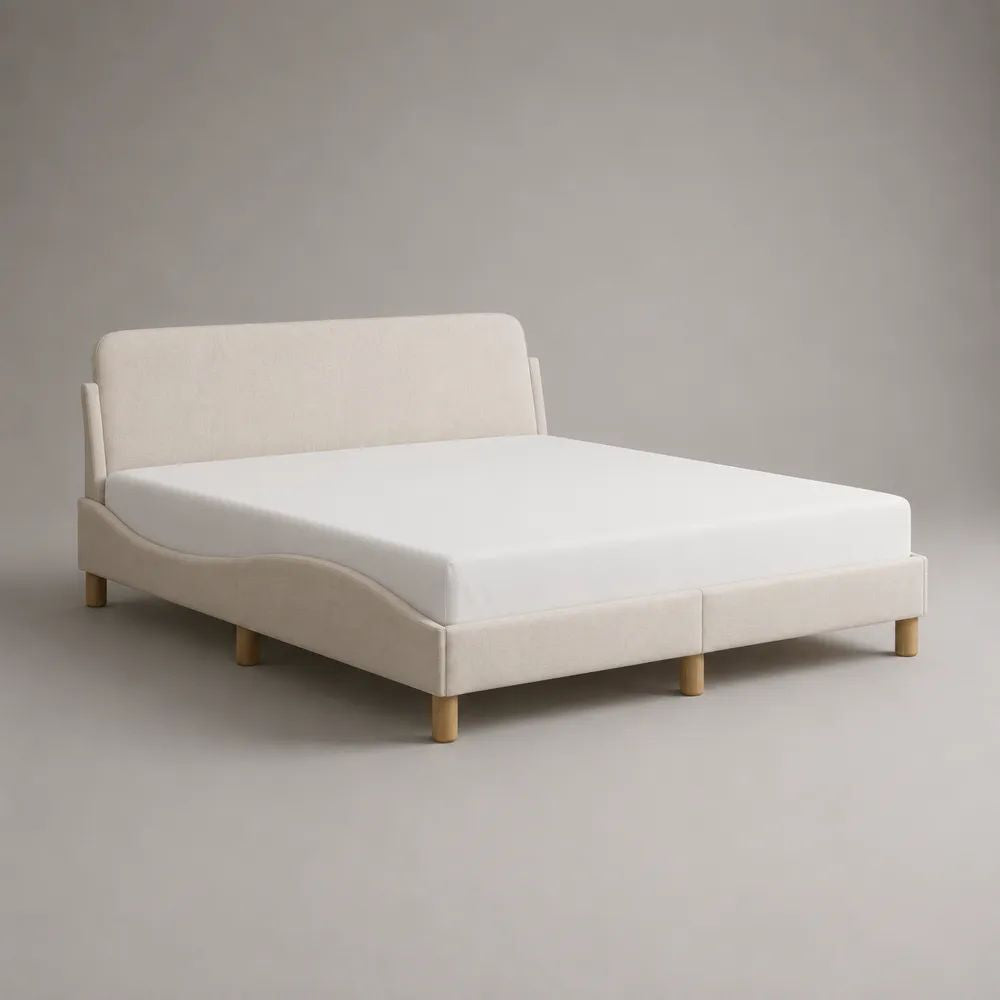 Polsterbett Doppelbett 180 x 200 cm mit Stoffbezug, gepolstertem Kopfteil und Holzfüßen, Creme/Natur