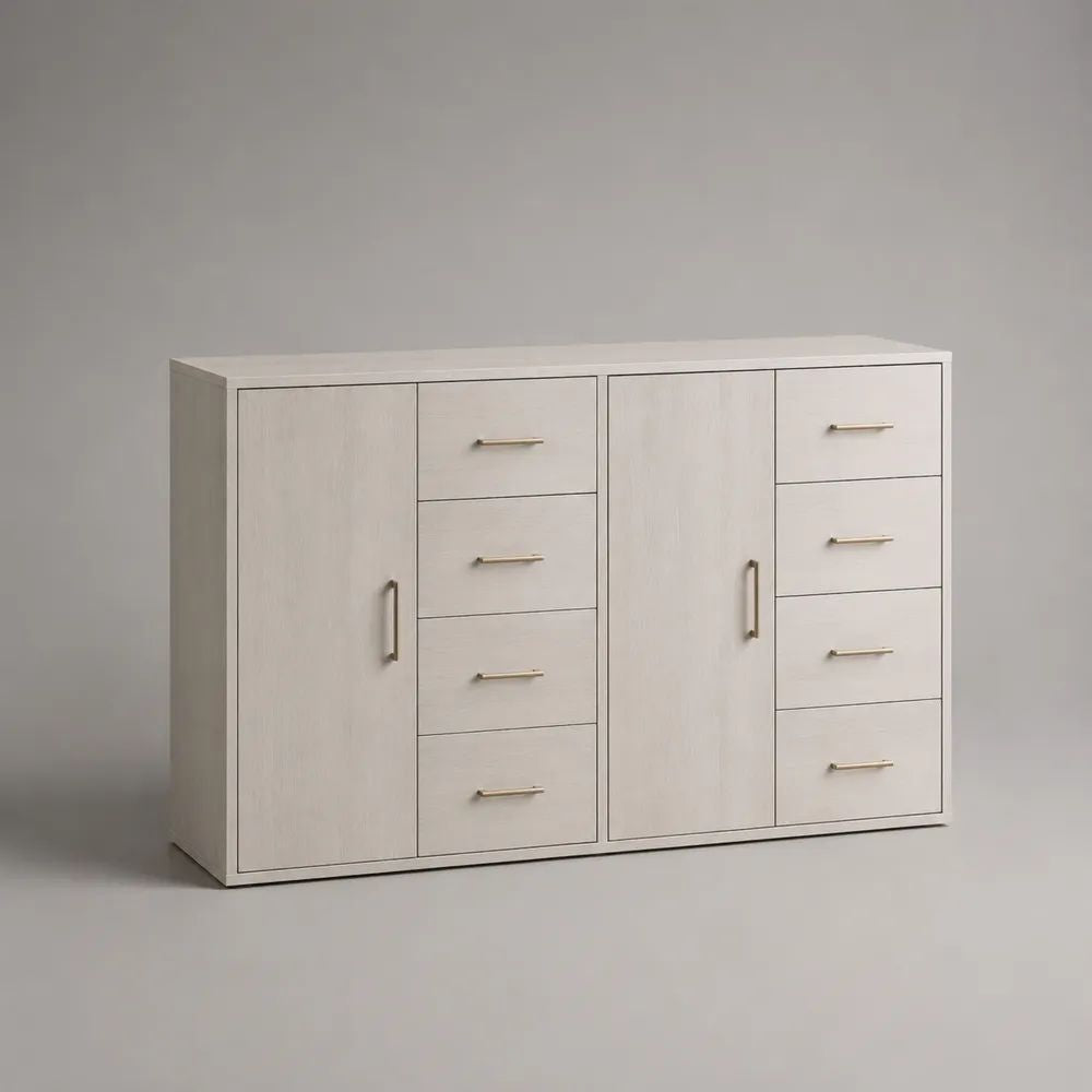 Sideboard aus Holz mit 2 Türen und 8 Schubladen, Weiß/Gold, 160 × 40 × 85 cm