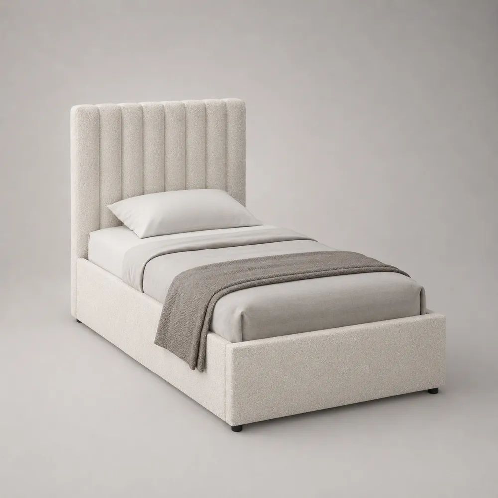 Stauraumbett 90 x 200 cm, Polsterbett mit Bettkasten und Lattenrost, Bouclé-Stoff, Cremeweiß, 215 x 102 x 120 cm