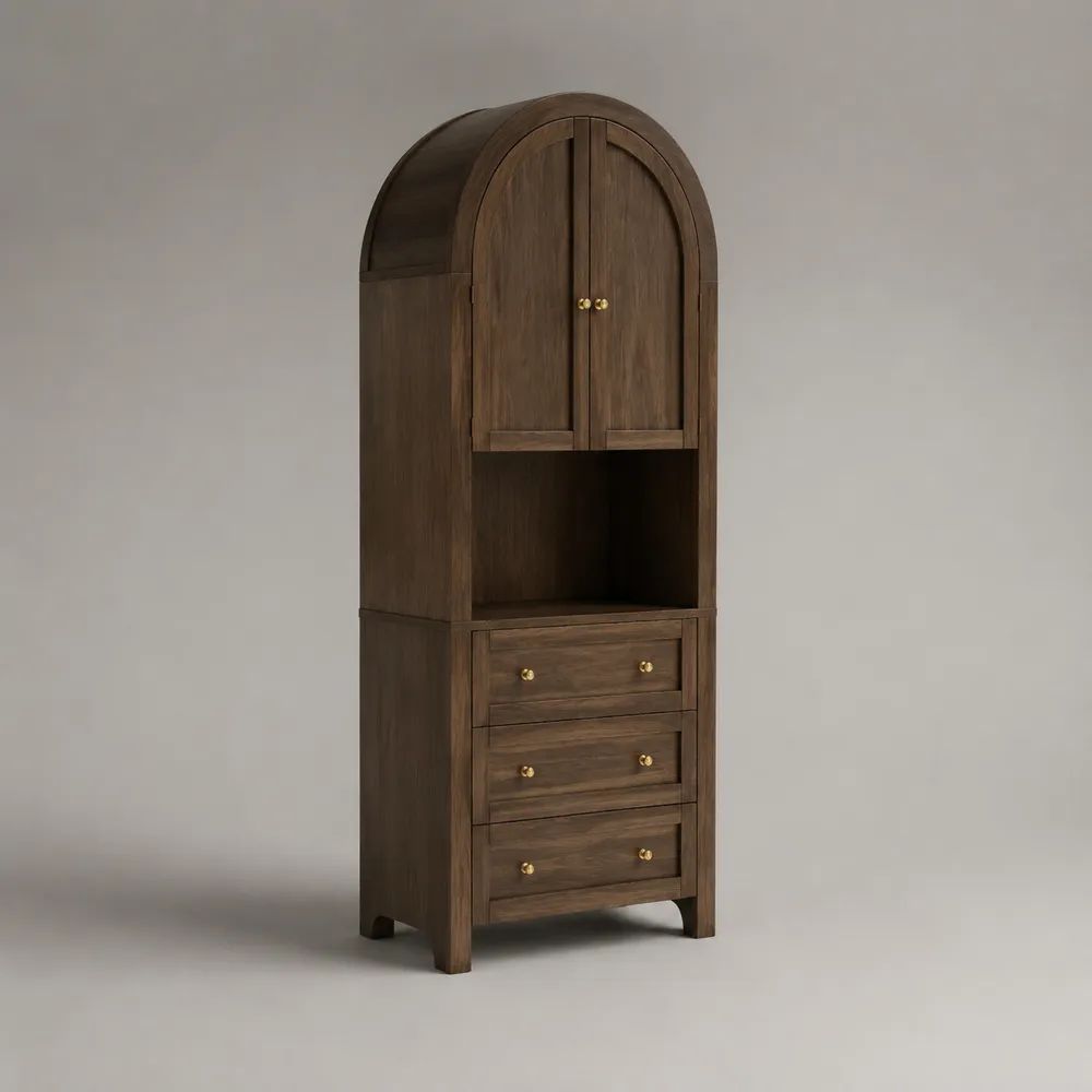 Hochschrank Buffetschrank aus MDF mit Walnussfurnier, 2 Türen, 3 Schubladen und Bogenform, Dunkelbraun/Messingfarben, 75 × 42 × 180 cm