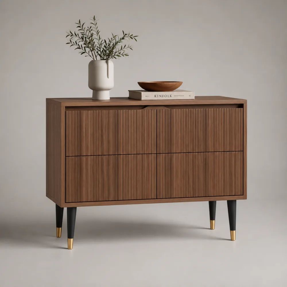 Sideboard aus MDF mit Walnussfurnier und Stahlbeinen, 6 Schubladen, Lamellenfront, 120 × 40 × 90 cm, Walnussbraun/Schwarz/Messingfarben