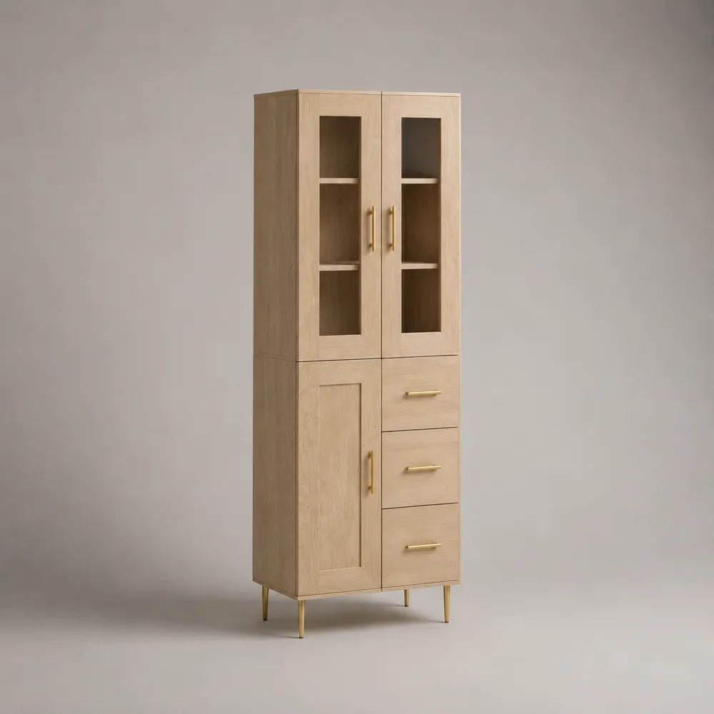 Vitrinenschrank mit 3 Türen und 3 Schubladen, Eichenfurnier, Glas und Stahl, Natur/Messingfarben, 70 × 40 × 190 cm