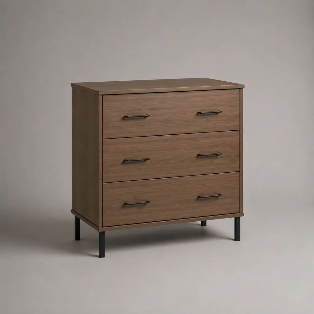 Sideboard-Kommode aus Holz und Metall mit 3 Schubladen, Nussbaumbraun/Schwarz, 80 × 40 × 90 cm