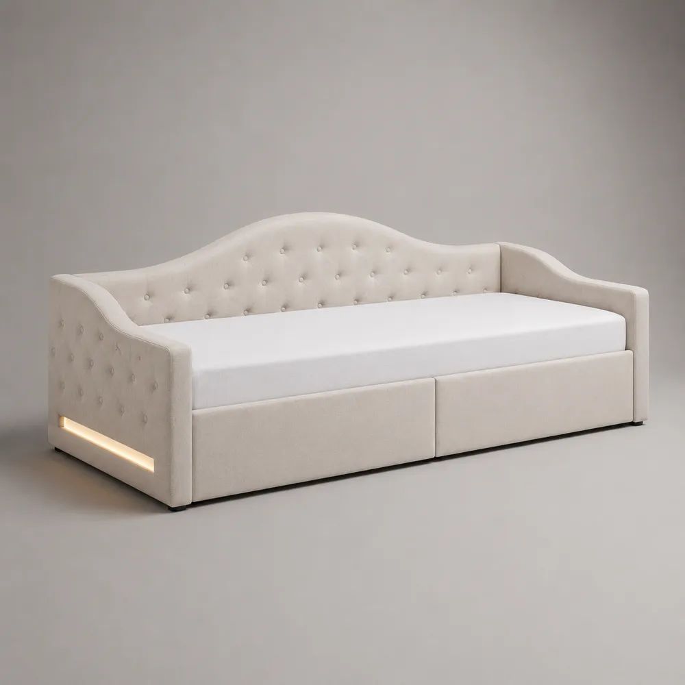 Tagesbett Polsterbett 90 × 200 cm, Gesamtmaß 215 × 100 × 95 cm, mit 2 Schubladen und LED-Beleuchtung, Samtstoff, Cremeweiß