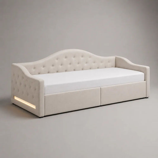 Tagesbett Polsterbett 90 × 200 cm, Gesamtmaß 215 × 100 × 95 cm, mit 2 Schubladen und LED-Beleuchtung, Samtstoff, Cremeweiß