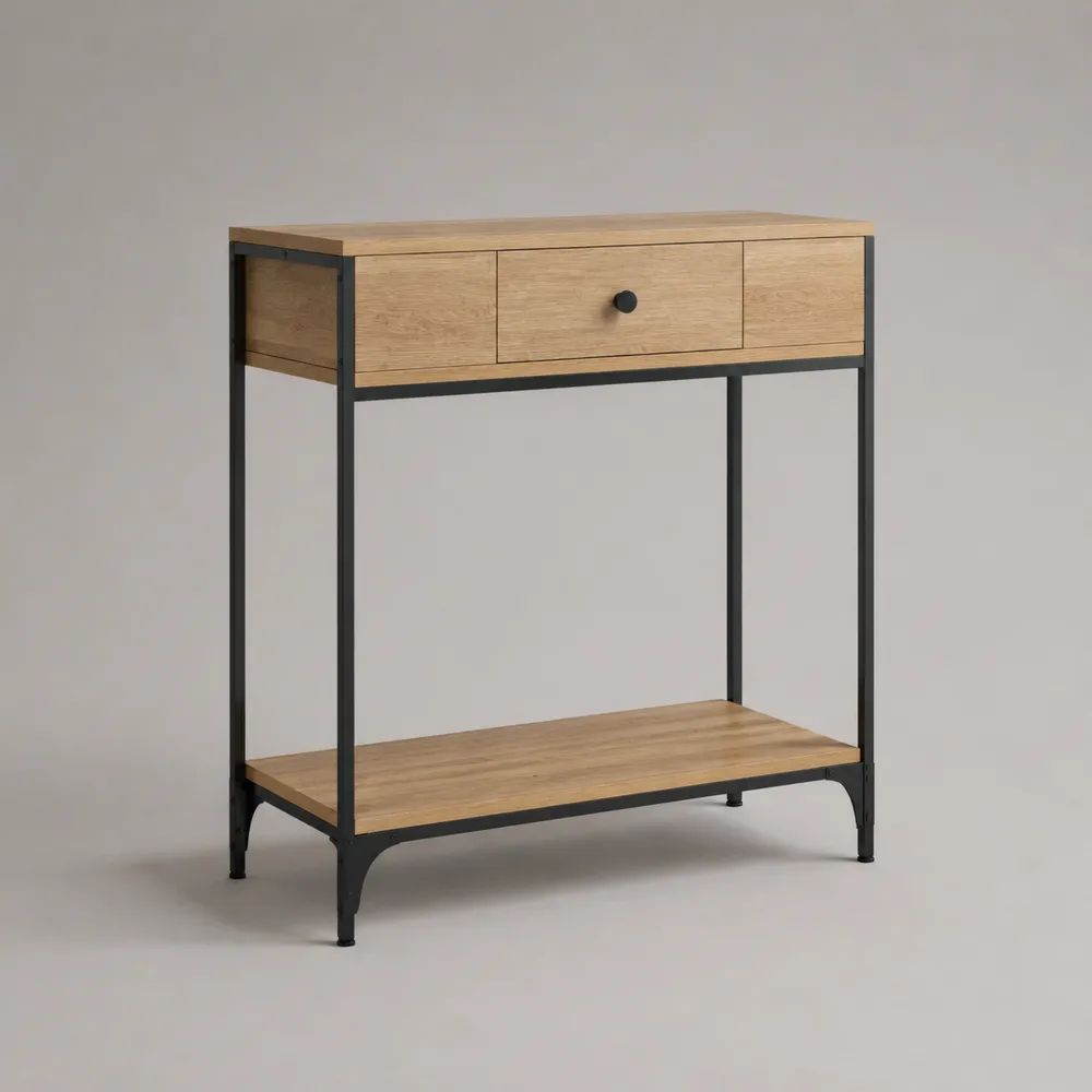 Konsolentisch mit Schublade und Ablage aus Spanplatte und Stahl, Eichefarben/Schwarz, 80 × 30 × 80 cm