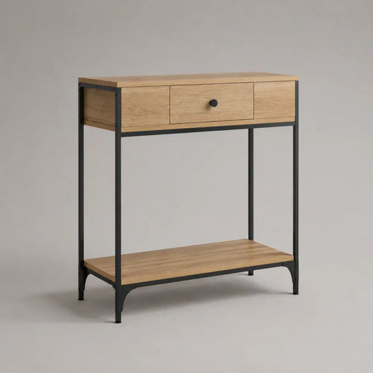 Konsolentisch mit Schublade und Ablage aus Spanplatte und Stahl, Eichefarben/Schwarz, 80 × 30 × 80 cm