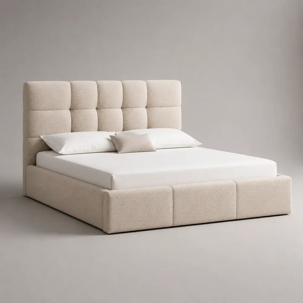 Stauraumbett Polsterbett mit Bettkasten und Polyester-Bouclé-Bezug, Cremeweiß, Liegefläche 160 × 200 cm