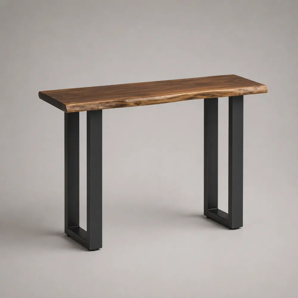 Rechteckiger Konsolentisch aus massivem Akazienholz und Stahl mit Naturkante, Braun/Schwarz, 115 × 35 × 76 cm