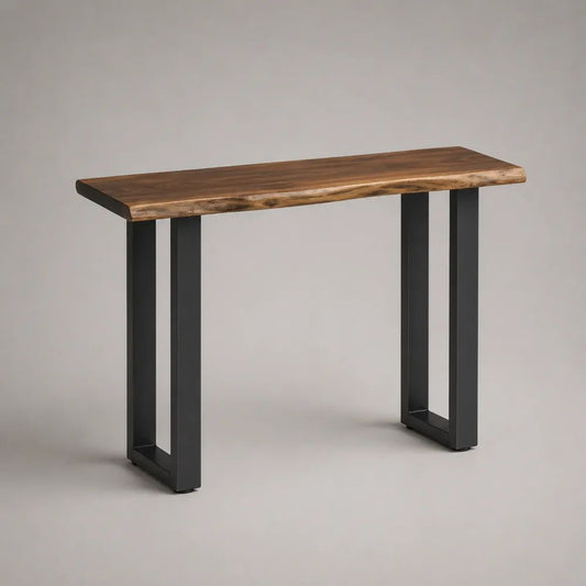 Rechteckiger Konsolentisch aus massivem Akazienholz und Stahl mit Naturkante, Braun/Schwarz, 115 × 35 × 76 cm