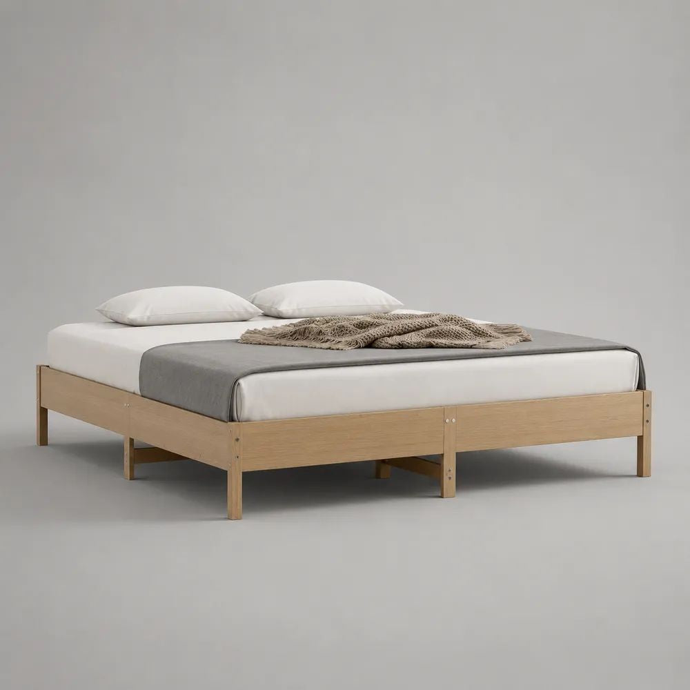 Doppelbettgestell aus massivem Kiefernholz ohne Kopfteil, Natur, 205 × 185 × 36 cm, Liegefläche 180 × 200 cm