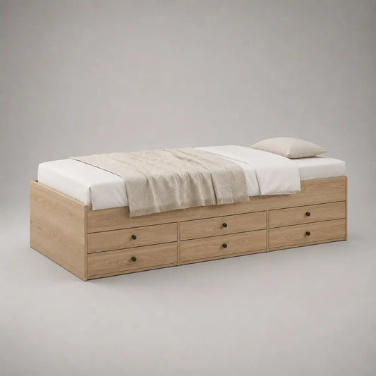 Stauraumbett 90 x 200 cm aus Holzwerkstoff, Eichefarben, mit 6 Schubladen, 205 x 96 x 47 cm