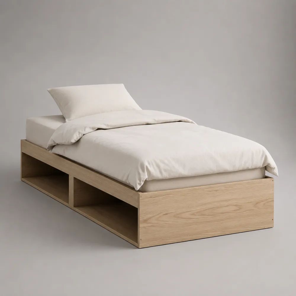 Stauraumbett aus MDF mit Eichenfurnier, 2 offene Fächer, Eiche Natur, 96 × 206 × 40 cm, Liegefläche 90 × 200 cm