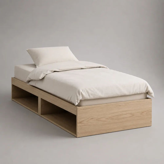 Stauraumbett aus MDF mit Eichenfurnier, 2 offene Fächer, Eiche Natur, 96 × 206 × 40 cm, Liegefläche 90 × 200 cm