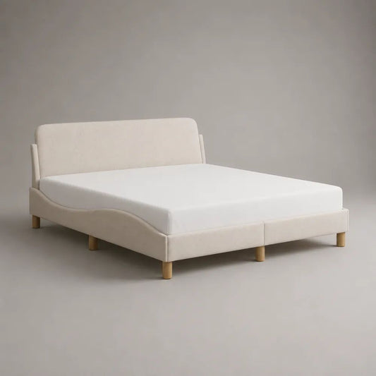 Polsterbett Doppelbett 180 x 200 cm mit Stoffbezug, gepolstertem Kopfteil und Holzfüßen, Creme/Natur