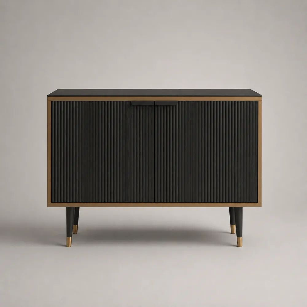 2-türiges Sideboard aus Holz mit Metallbeinen, Schwarz/Braun/Goldfarben, 120 × 40 × 80 cm