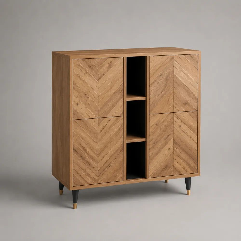 Highboard mit 4 Türen und 3 offenen Fächern aus MDF und Spanplatte, Fischgrätdekor, Natureiche/Schwarz/Messingfarben, 100 x 40 x 120 cm
