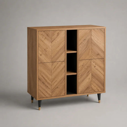 Highboard mit 4 Türen und 3 offenen Fächern aus MDF und Spanplatte, Fischgrätdekor, Natureiche/Schwarz/Messingfarben, 100 x 40 x 120 cm