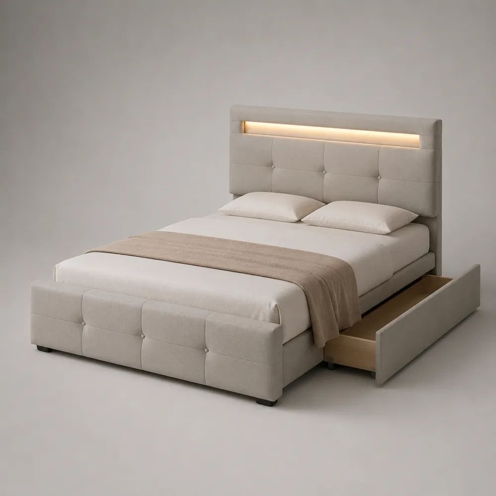 Polsterbett mit LED-Beleuchtung und Seitenschublade, Liegefläche 160 × 200 cm, Polyester/MDF, Beige, Gesamtmaß 170 × 220 × 120 cm