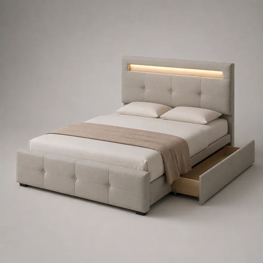 Polsterbett mit LED-Beleuchtung und Seitenschublade, Liegefläche 160 × 200 cm, Polyester/MDF, Beige, Gesamtmaß 170 × 220 × 120 cm