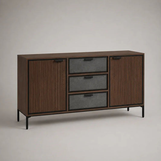 Sideboard mit 2 Türen und 3 Schubladen aus MDF und Stahl, Walnussbraun/Anthrazit/Schwarz, 160 × 40 × 85 cm
