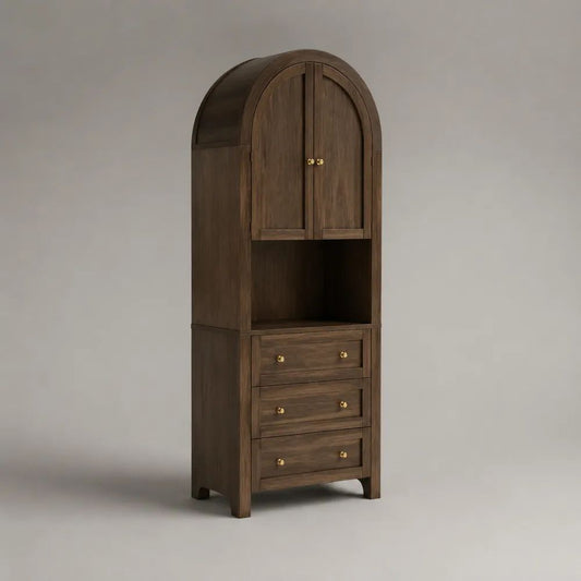 Hochschrank Buffetschrank aus MDF mit Walnussfurnier, 2 Türen, 3 Schubladen und Bogenform, Dunkelbraun/Messingfarben, 75 × 42 × 180 cm