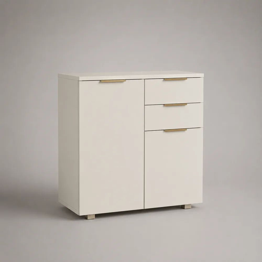 Sideboard aus Holz mit 2 Türen und 2 Schubladen, Weiß/Goldfarben, 80 × 35 × 90 cm