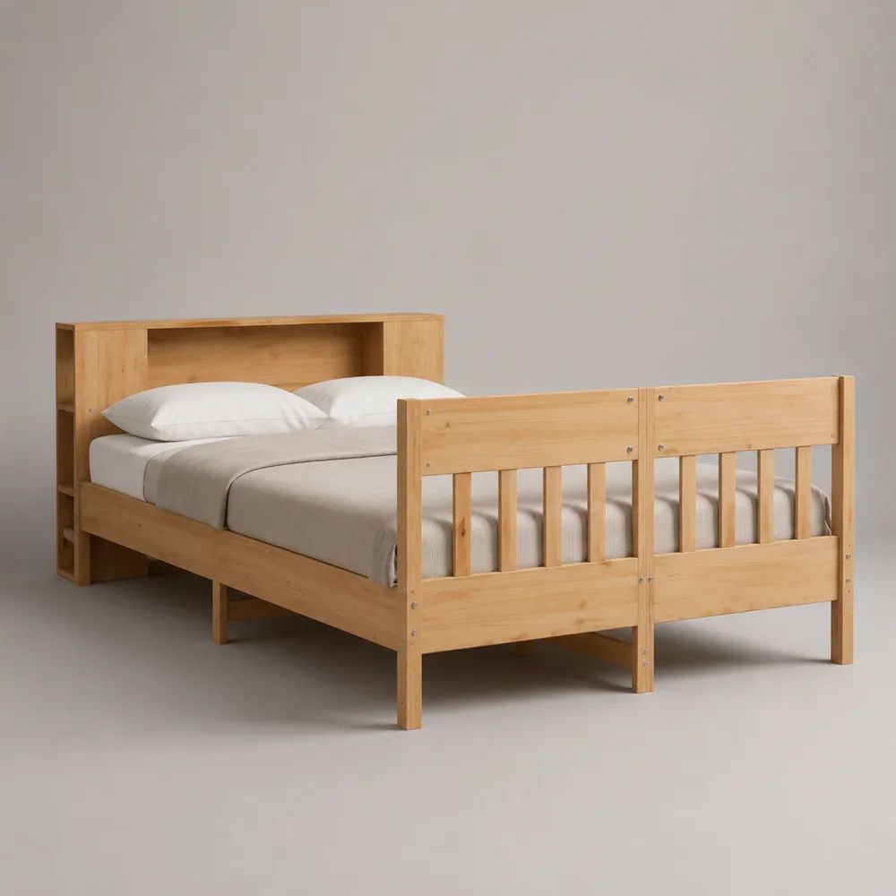 Doppelbett aus massivem Kiefernholz mit Stauraumkopfteil, Natur, Liegefläche 180 × 200 cm