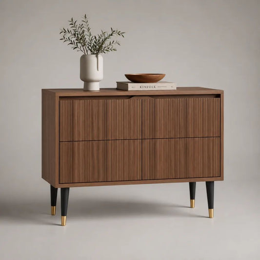 Sideboard aus MDF mit Walnussfurnier und Stahlbeinen, 6 Schubladen, Lamellenfront, 120 × 40 × 90 cm, Walnussbraun/Schwarz/Messingfarben