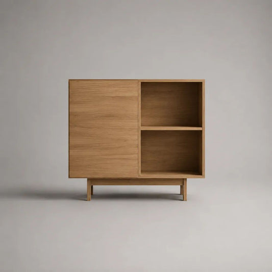 Sideboard mit Tür und 2 offenen Fächern aus Eichenfurnier und Eichenmassivholz, Eiche Natur, 100 × 40 × 90 cm