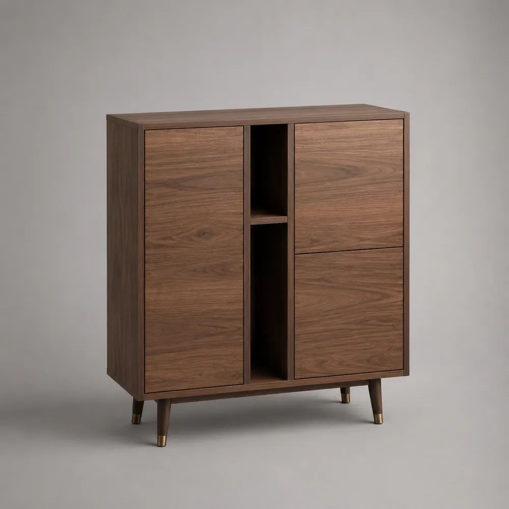 Highboard aus MDF mit Walnussfurnier, 3 Türen und 2 offenen Fächern, Walnussbraun/Messingfarben, 100 × 40 × 120 cm