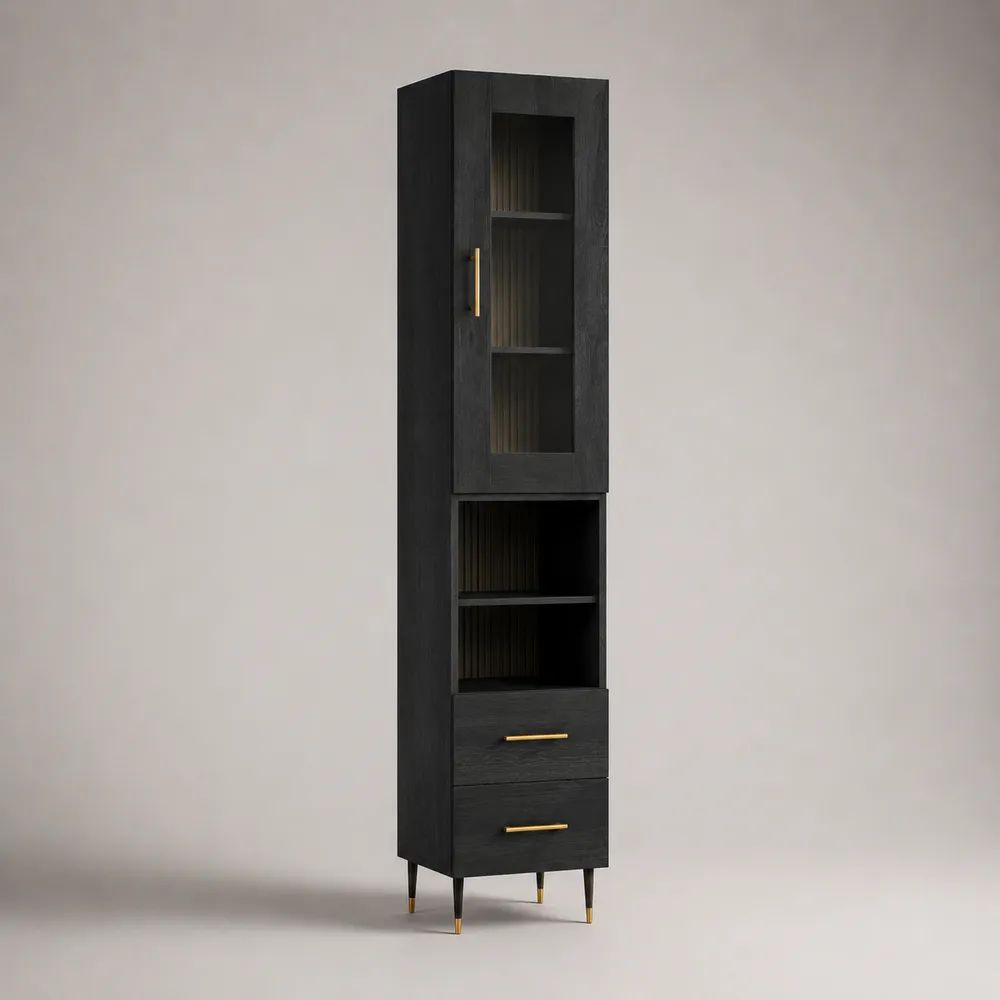 Schmaler Hochschrank aus Holzwerkstoff, Glas und Metall mit Glastür, offenen Fächern und 2 Schubladen, Schwarz/Gold, 45 × 35 × 190 cm