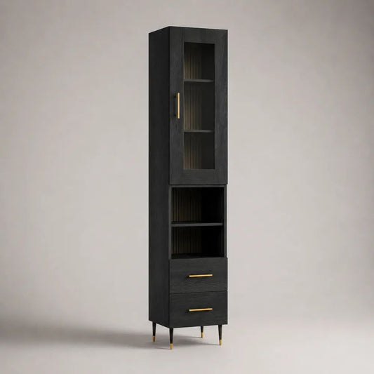 Schmaler Hochschrank aus Holzwerkstoff, Glas und Metall mit Glastür, offenen Fächern und 2 Schubladen, Schwarz/Gold, 45 × 35 × 190 cm