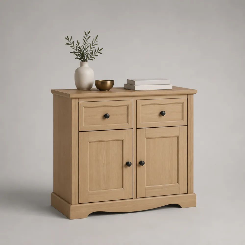 Sideboard aus Holz mit Eichenfurnier, 2 Türen und 2 Schubladen, Natur/Schwarz, 90 × 40 × 90 cm