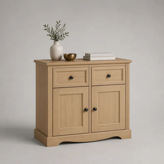Sideboard aus Holz mit Eichenfurnier, 2 Türen und 2 Schubladen, Natur/Schwarz, 90 × 40 × 90 cm