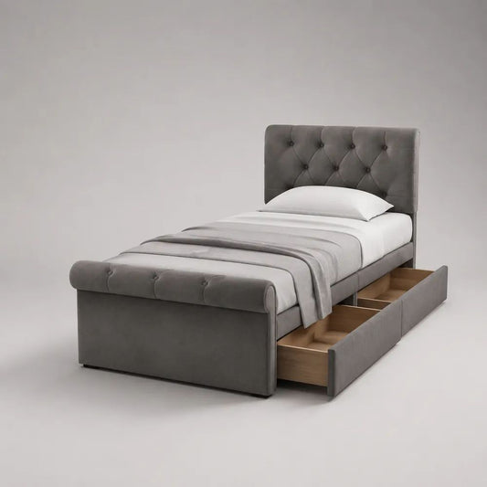 Polsterbett Einzelbett mit Stauraum, Polyester-Samtstoff, Grau, Liegefläche 90 × 200 cm