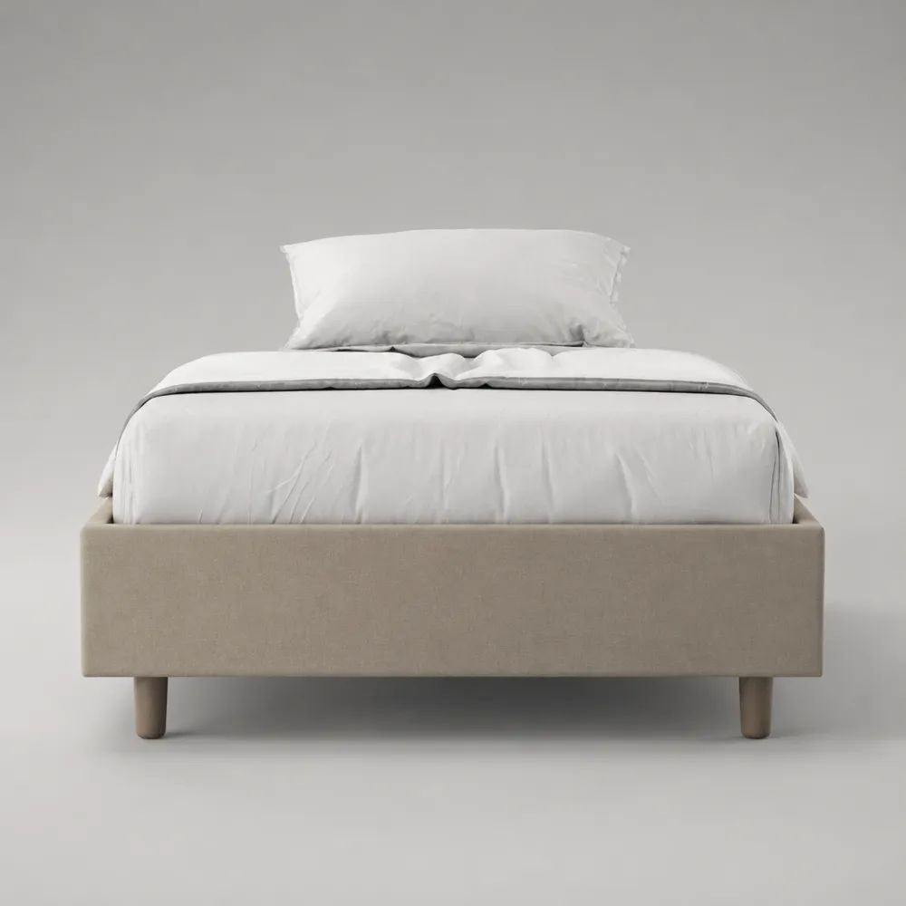 Polsterbett ohne Kopfteil 140 x 200 cm mit Polyesterbezug, Holzrahmen und Lattenrost, Beige und Naturholz