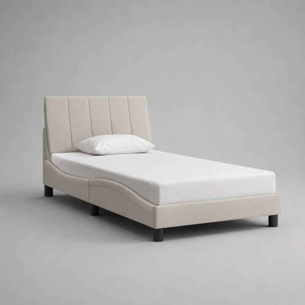 Polsterbett Einzelbett 90 × 200 cm mit Lattenrost und vertikal gepolstertem Kopfteil, Cremeweiß/Schwarz