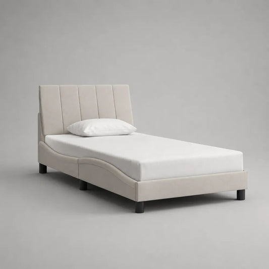 Polsterbett Einzelbett 90 × 200 cm mit Lattenrost und vertikal gepolstertem Kopfteil, Cremeweiß/Schwarz