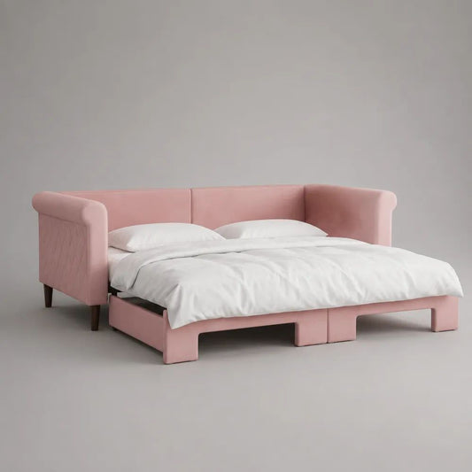 Schlafsofa mit Ausziehbett aus Polyester-Samt, Rosa, Liegefläche 160 x 200 cm, Gesamtmaß 220 x 92 x 82 cm
