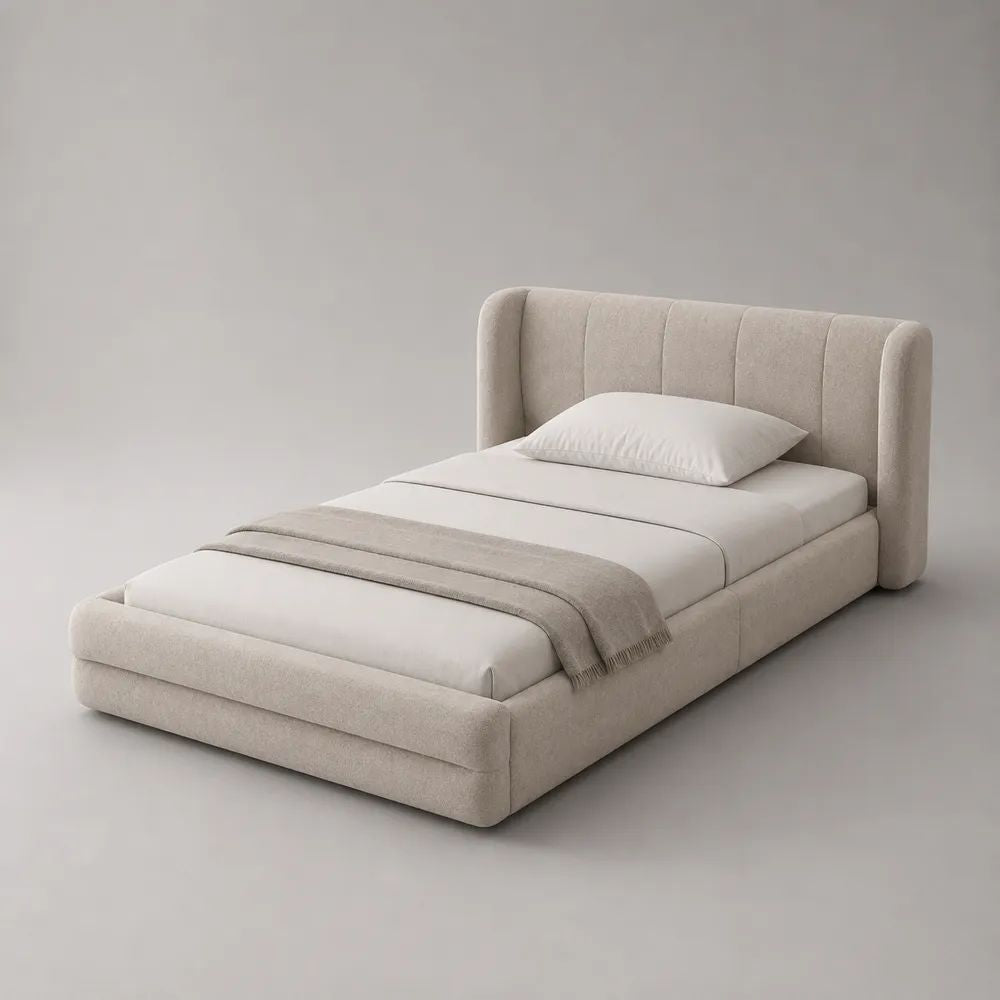 Polsterbett 90 x 200 cm mit Lattenrost und gepolstertem Kopfteil, Polyester-Bouclé, Beige, Gesamtmaß 218 x 112 x 105 cm