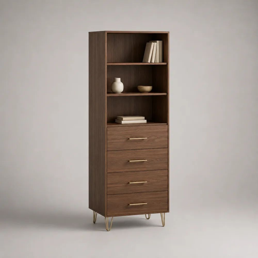 Highboard aus Spanplatte mit 4 Schubladen und 3 offenen Fächern, Dunkelbraun/Messingfarben, 60 × 40 × 180 cm