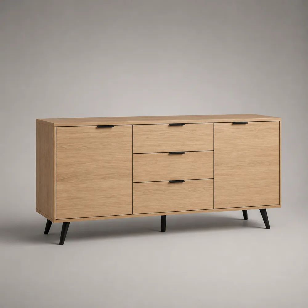 Sideboard aus Holz mit 2 Türen und 3 Schubladen, Eiche Natur/Schwarz, 160 × 40 × 80 cm