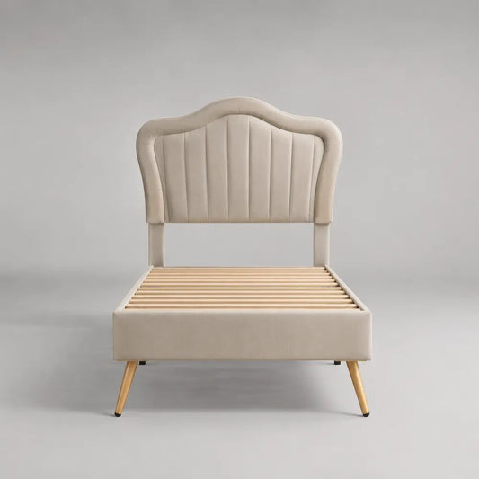 Polsterbett mit Lattenrost und geschwungenem Kopfteil, Beige, Liegefläche 90 × 200 cm